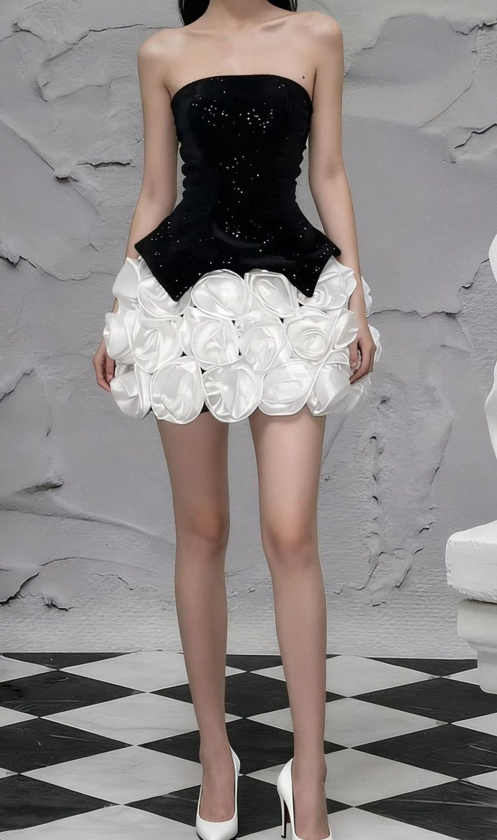 Ilithya Chic Strapless Velvet Sequin Top & 3D Flower Mini Skirt Set