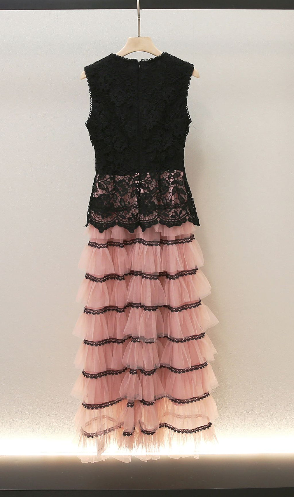 Humita Enchanting Black Lace & Blush Tiered Tulle Maxi Dress