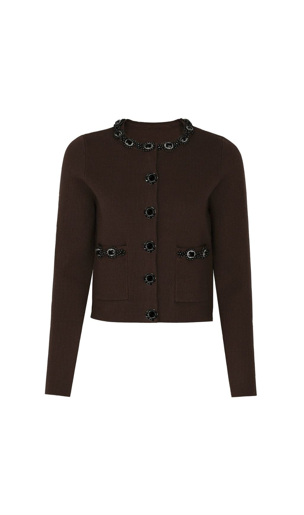 Jie Chic Coffee Ribbed Knit Cardigan & Midi Skirt Set with Embellishments