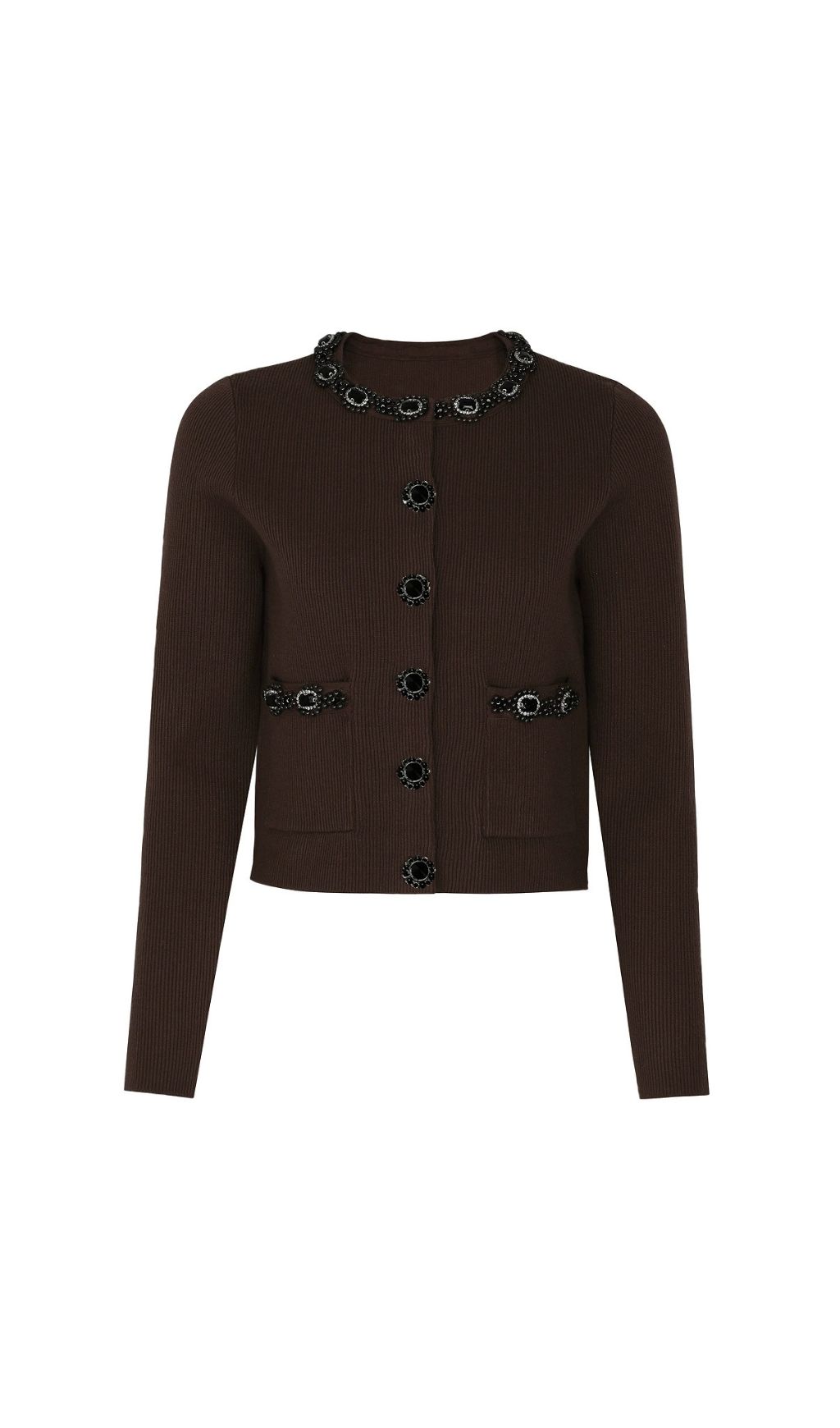 Jie Chic Coffee Ribbed Knit Cardigan & Midi Skirt Set with Embellishments