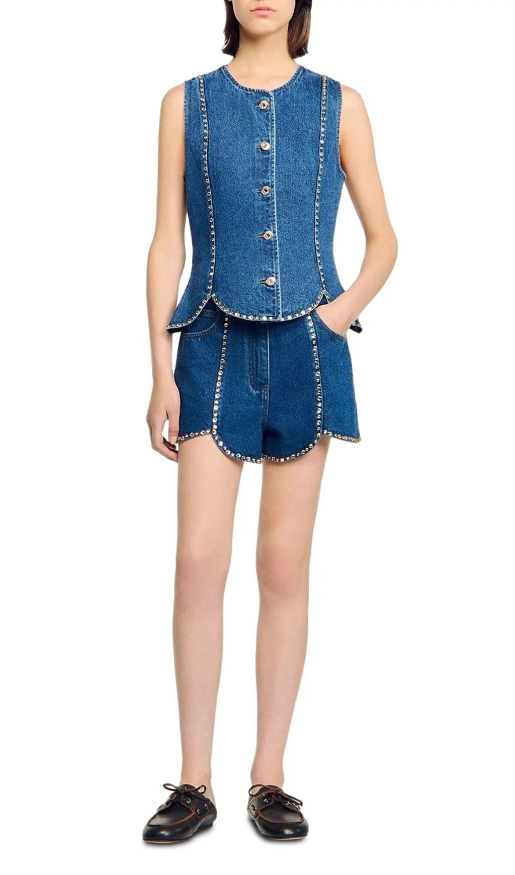 Dazzling Rhinestone Embellished Denim Peplum Top | Chic Sleeveless Glam