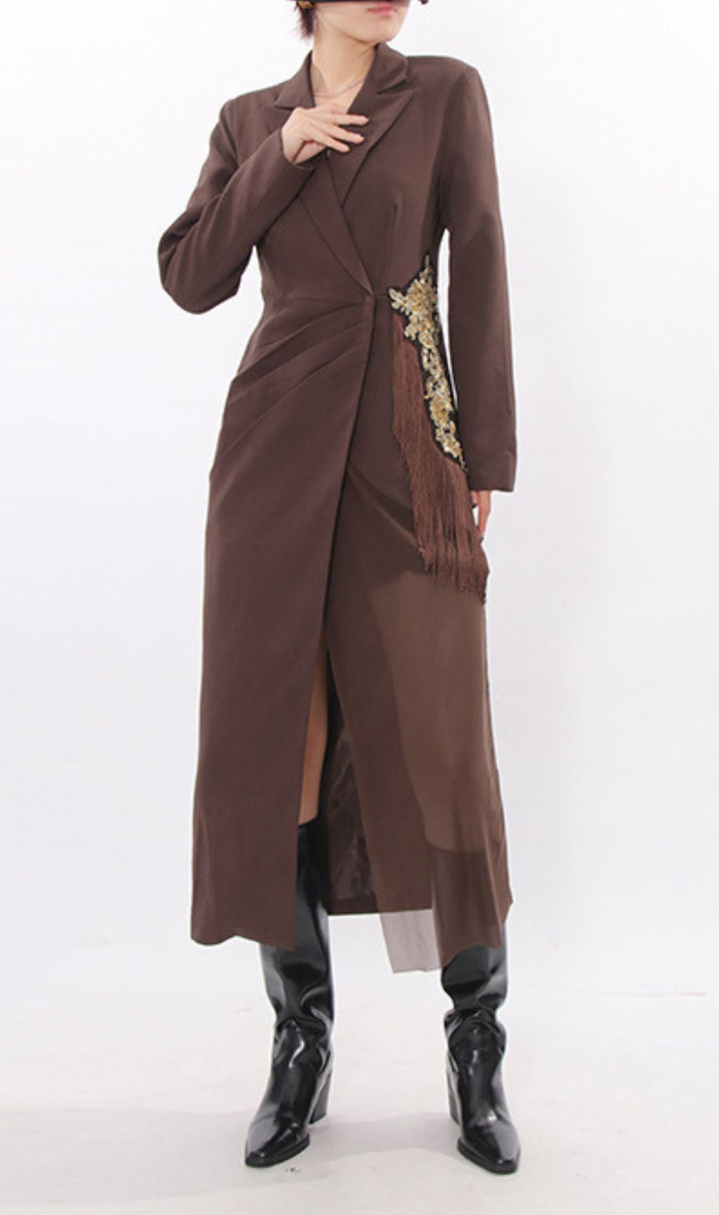 Iduia Brown Tassel Blazer Dress: Tailored Chic & Bohemian Flair