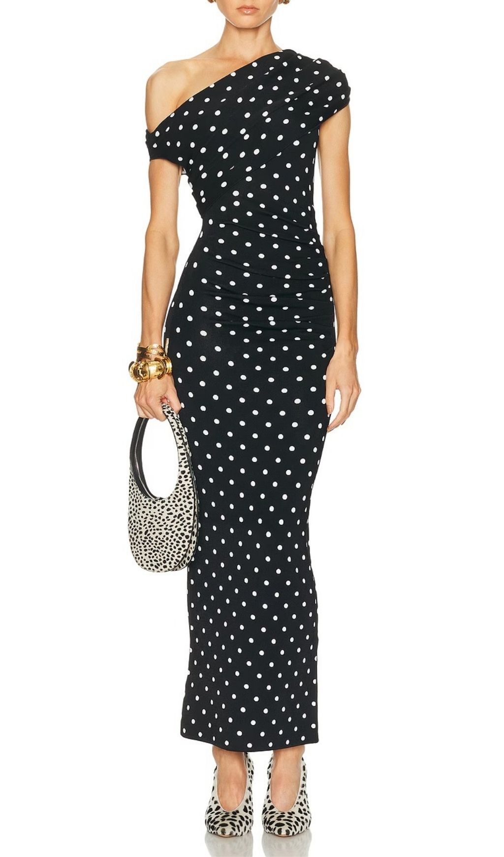 Karla One-Shoulder Polka Dot Draped Midi Dress | Timeless Chic