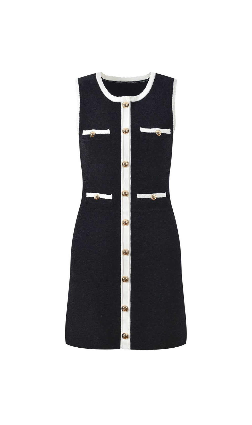Jenne Black Sleeveless Mini Dress with Contrast Trim & Gold Button Details