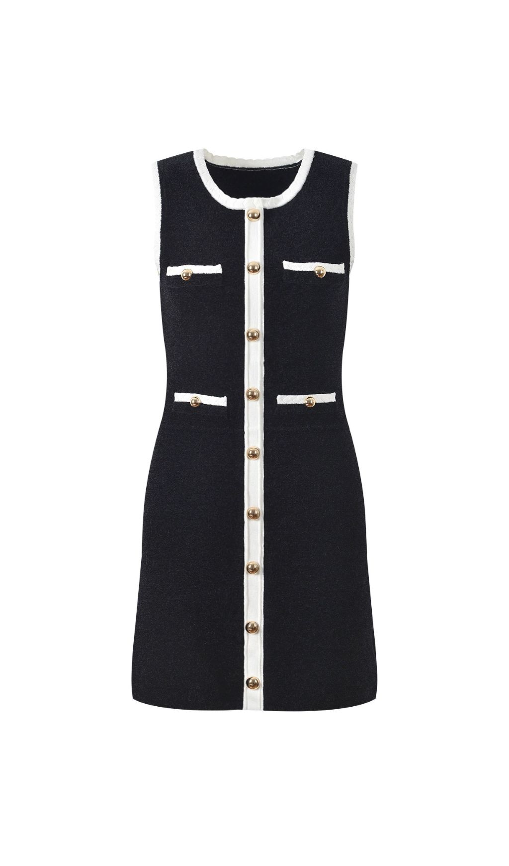 Jenne Black Sleeveless Mini Dress with Contrast Trim & Gold Button Details