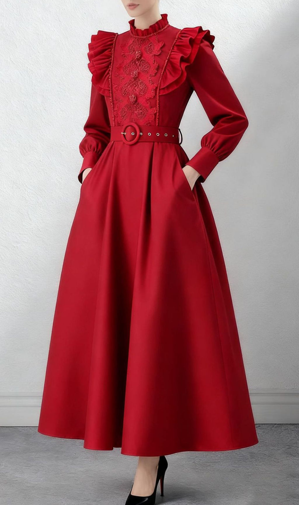 Ieuan Regal Red Ruffled & Embroidered Long Sleeve Maxi Dress with Pockets
