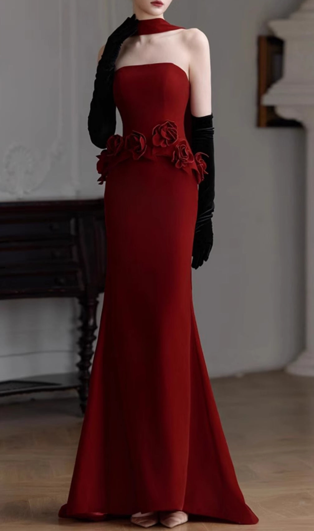 Edena Red Strapless Flower Maxi Dress