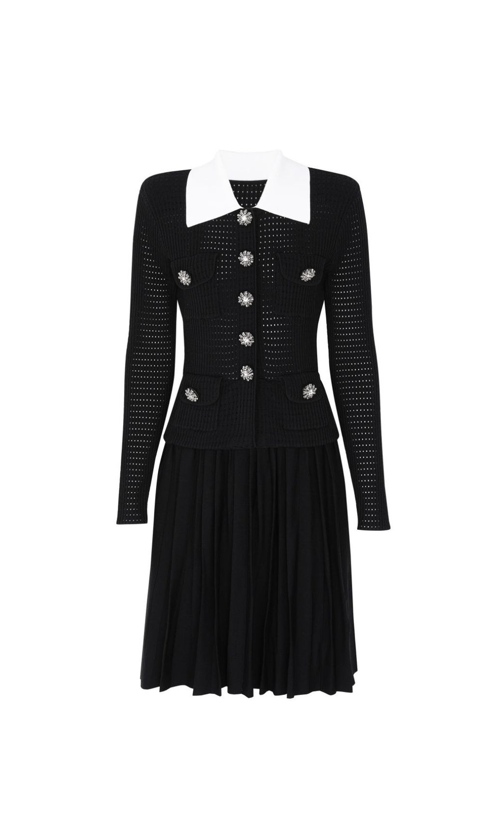 Kary Chic Rib-Knit Mini Dress - Long Sleeve, Contouring & Button Detail