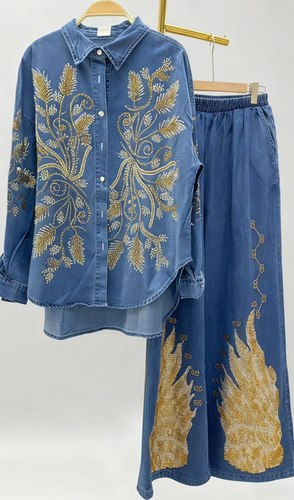 Jena Artisan Embroidered Denim Set - Women's Boho Chic Wide-Leg Pants & Shirt