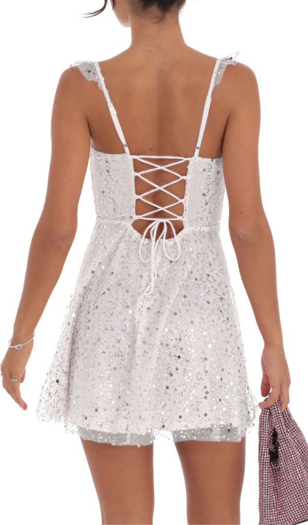 Sequin White Tulle Skater Mini Dress With Ruffled Straps