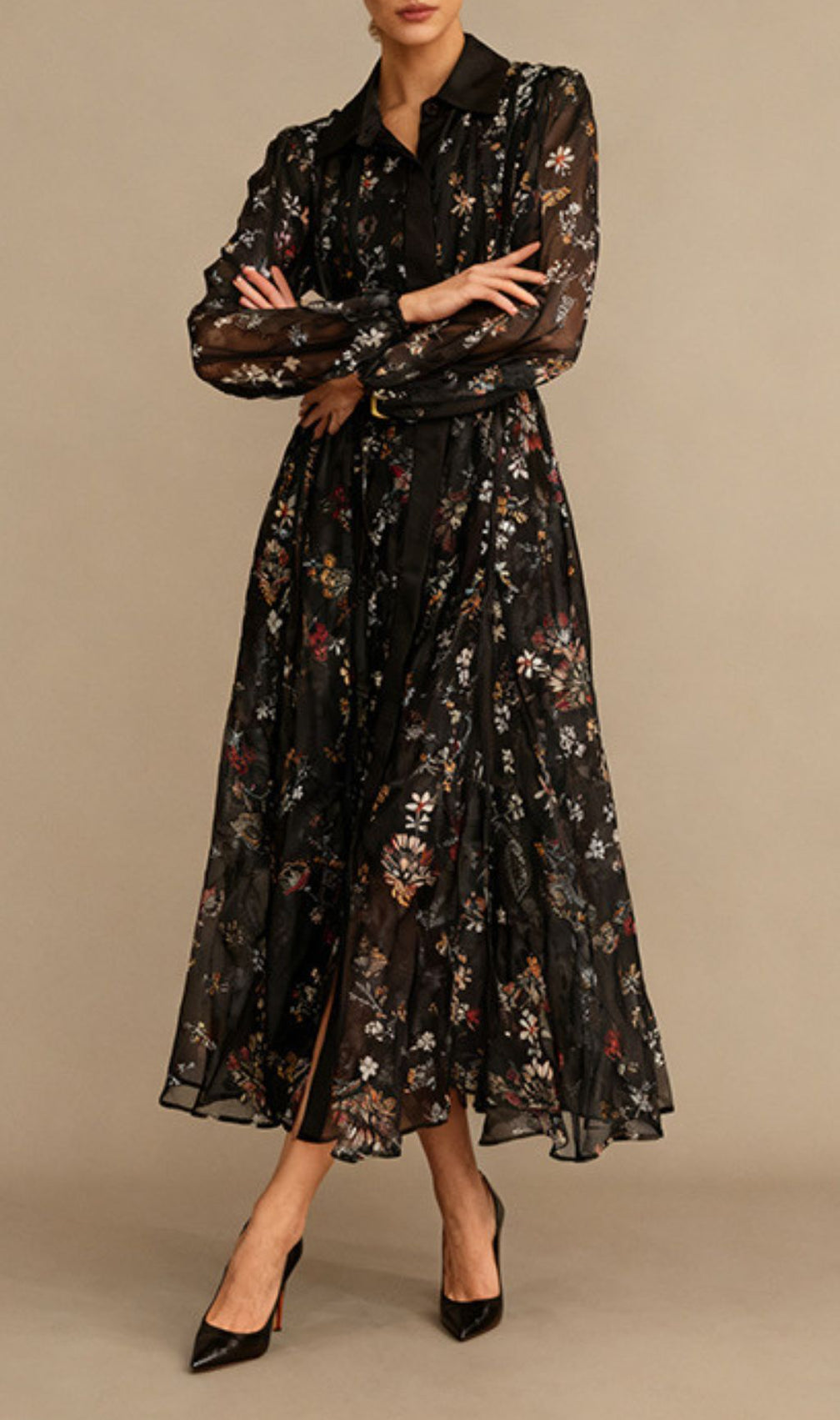 Ilandere Enchanting Black Floral Midi Dress – Belted Long Sleeve Shirtdress
