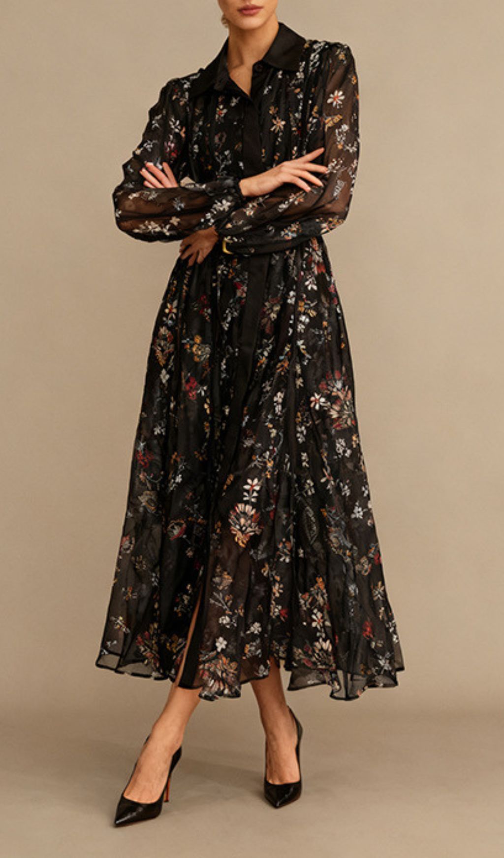 Ilandere Enchanting Black Floral Midi Dress – Belted Long Sleeve Shirtdress