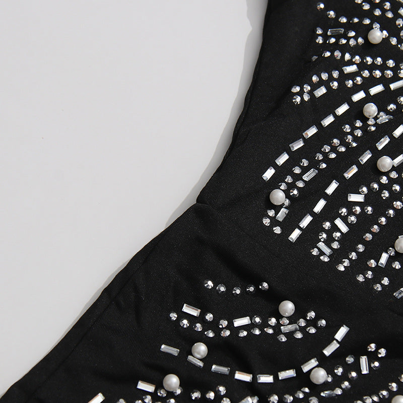 Hawkeye Dazzling Black Crystal & Pearl Beaded Long Sleeve Mini Dress