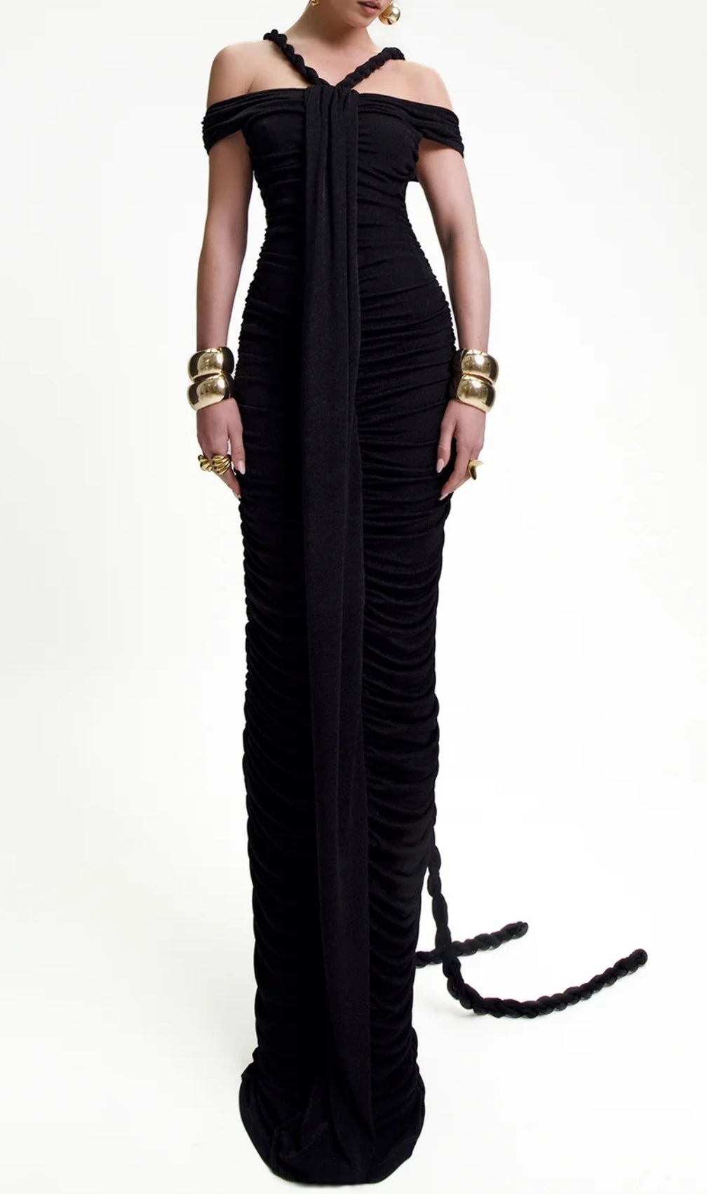 Buddug Black Bardot Ruched Maxi Dress