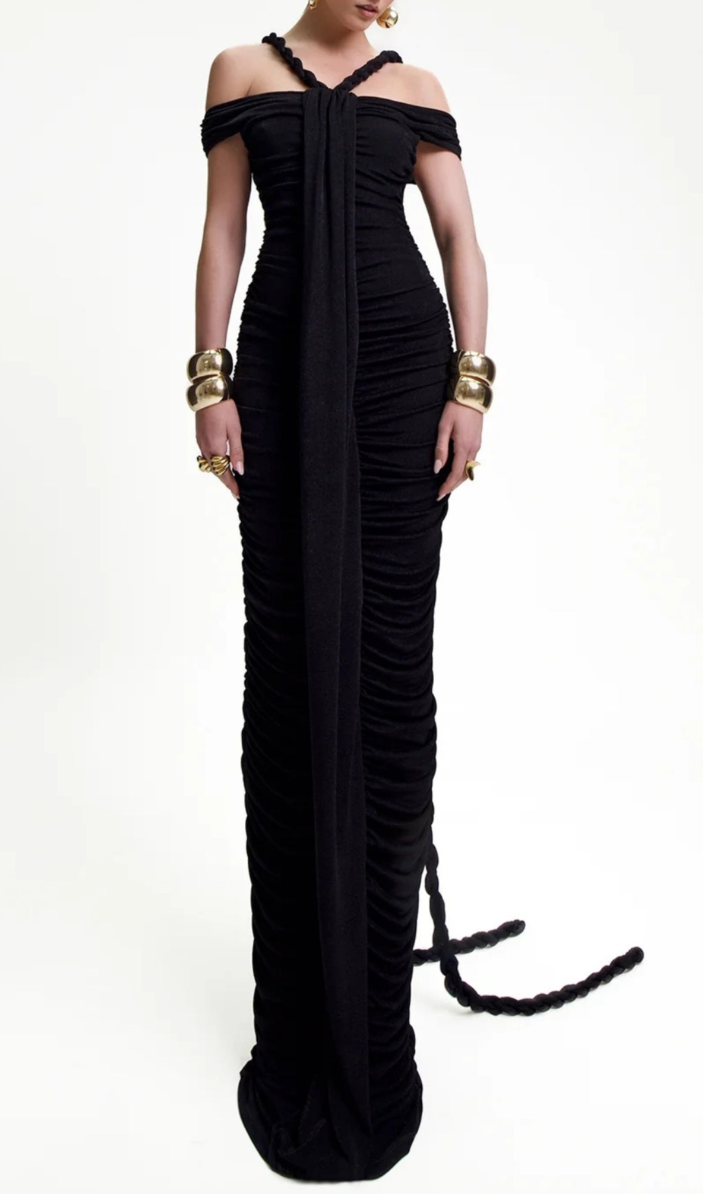 Buddug Black Bardot Ruched Maxi Dress