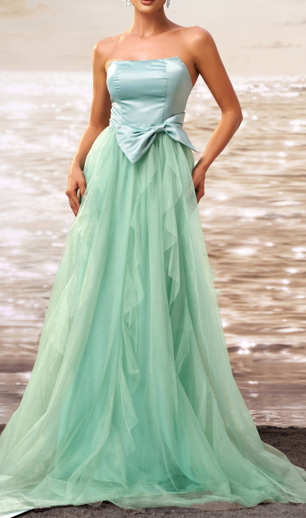 Dafna Mint Strapless Bow Mesh Maxi Dress