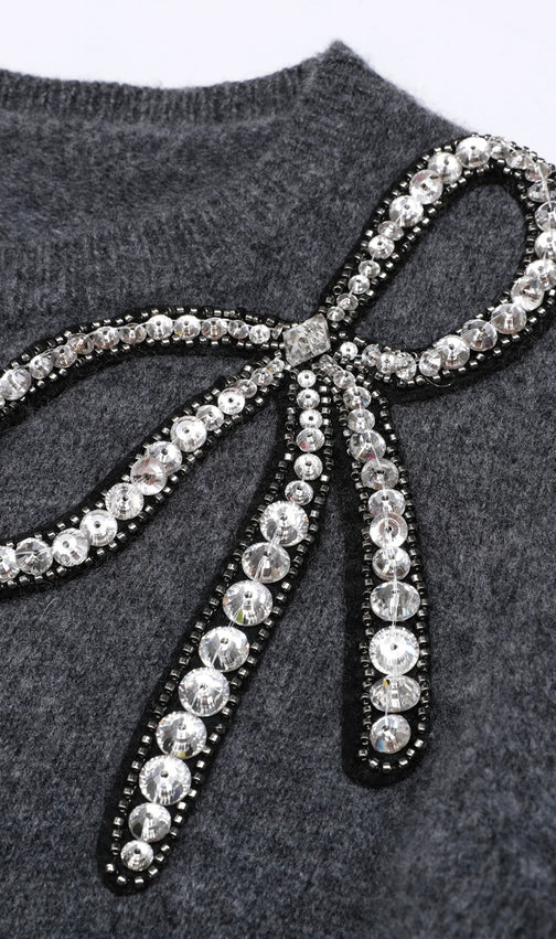 Jordana Embellished Knit Cardigan with Pearl & Crystal Bow