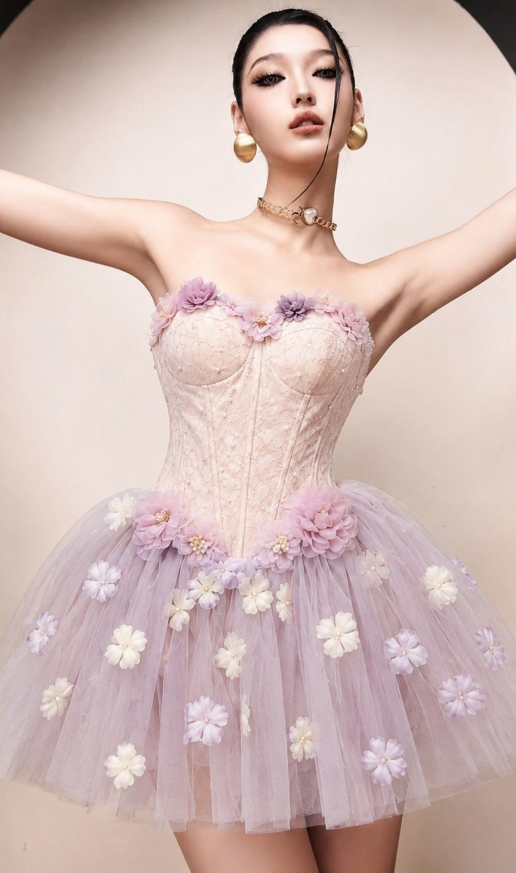 Kya Strapless Corset Flower Mesh Mini Dress