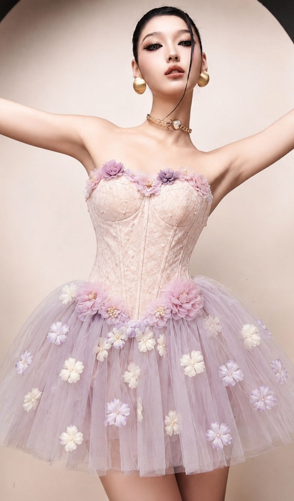 Kya Strapless Corset Flower Mesh Mini Dress