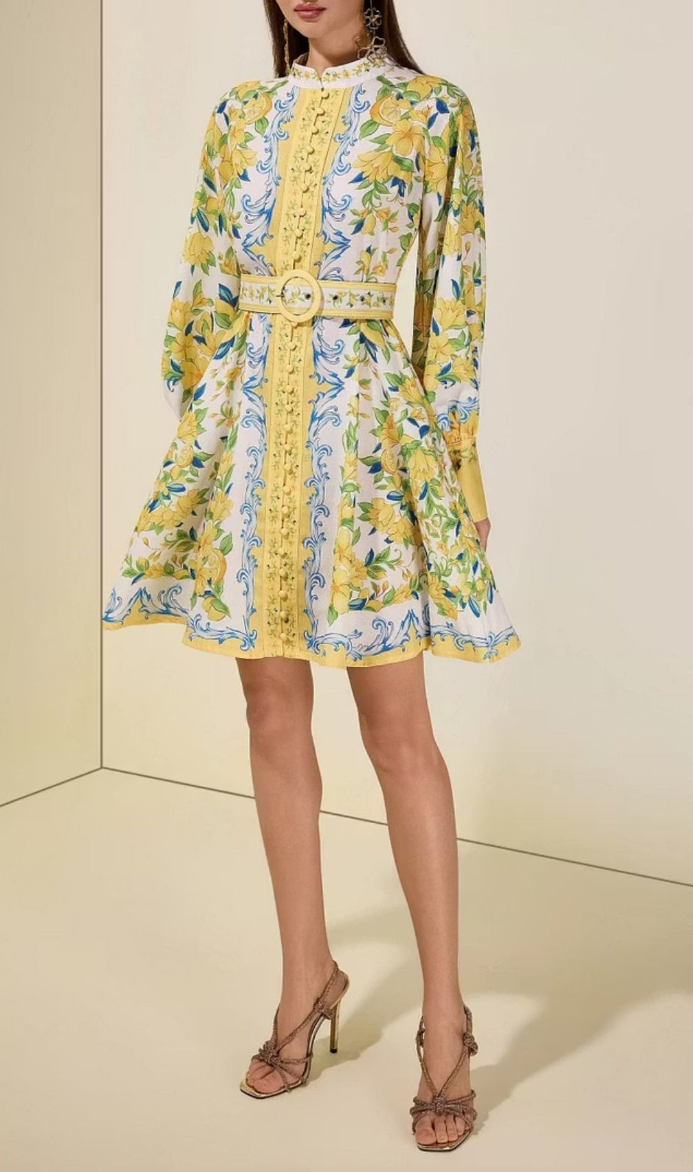 Lemon Floral Single-Breasted Midi Dress With Belt - Yellow
