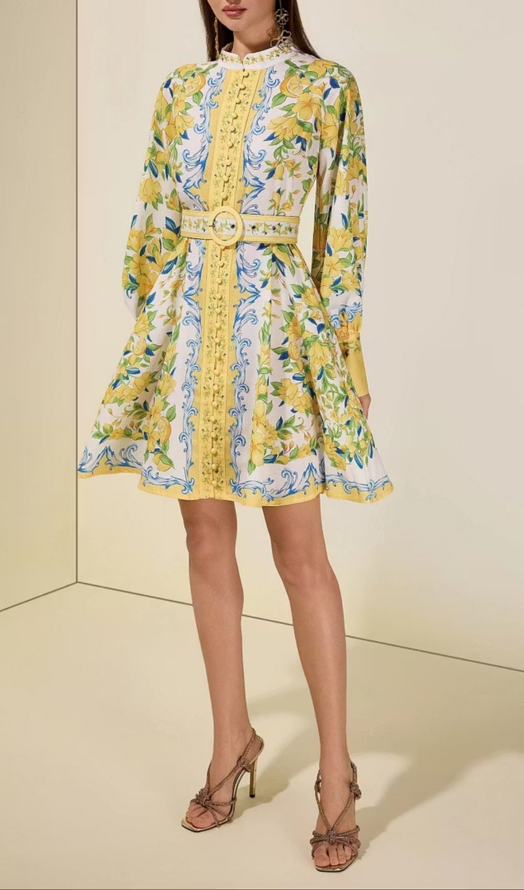 Lemon Floral Single-Breasted Midi Dress With Belt - Yellow