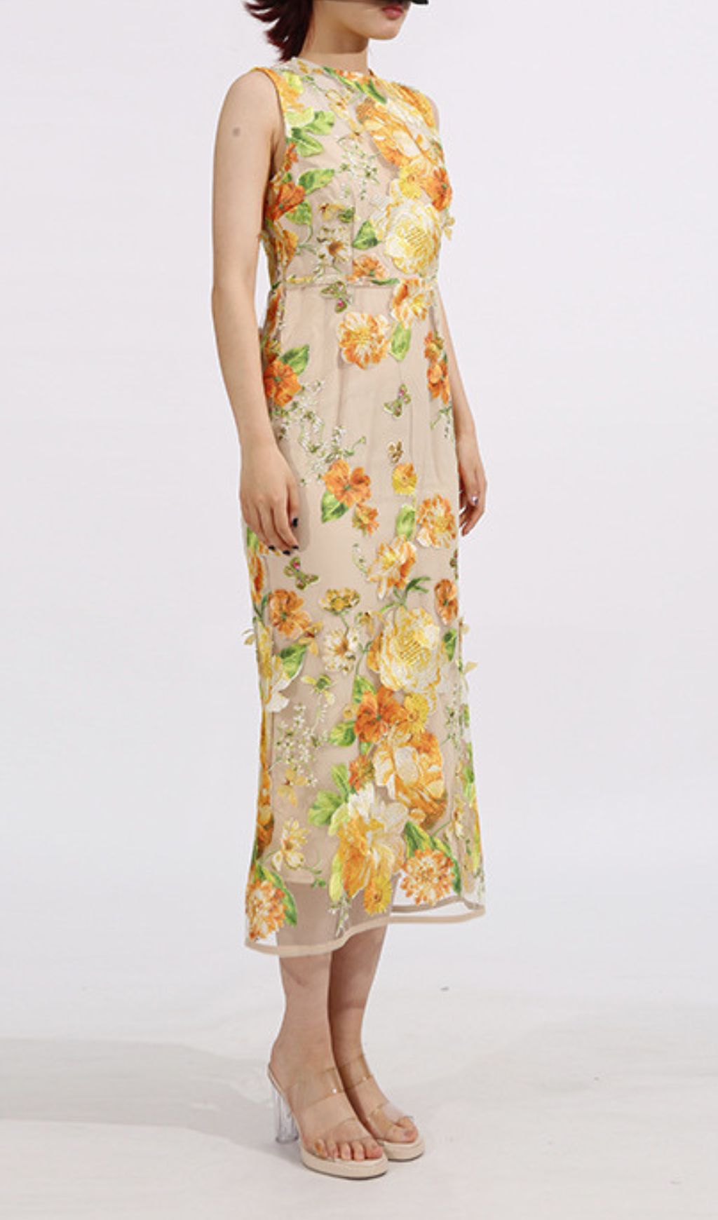 Elowen Yellow Sleeveless Flower Embroidery Midi Dress