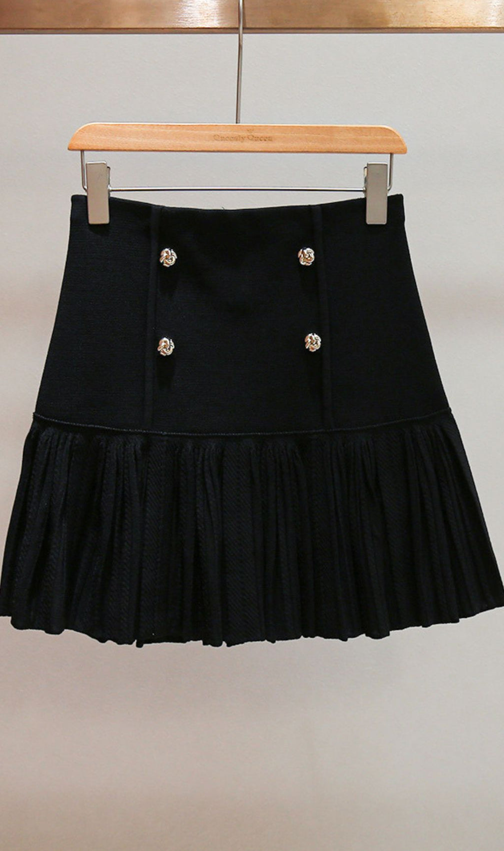 Chic Black Double-Breasted Ruffle Mini Skirt with Gold Buttons