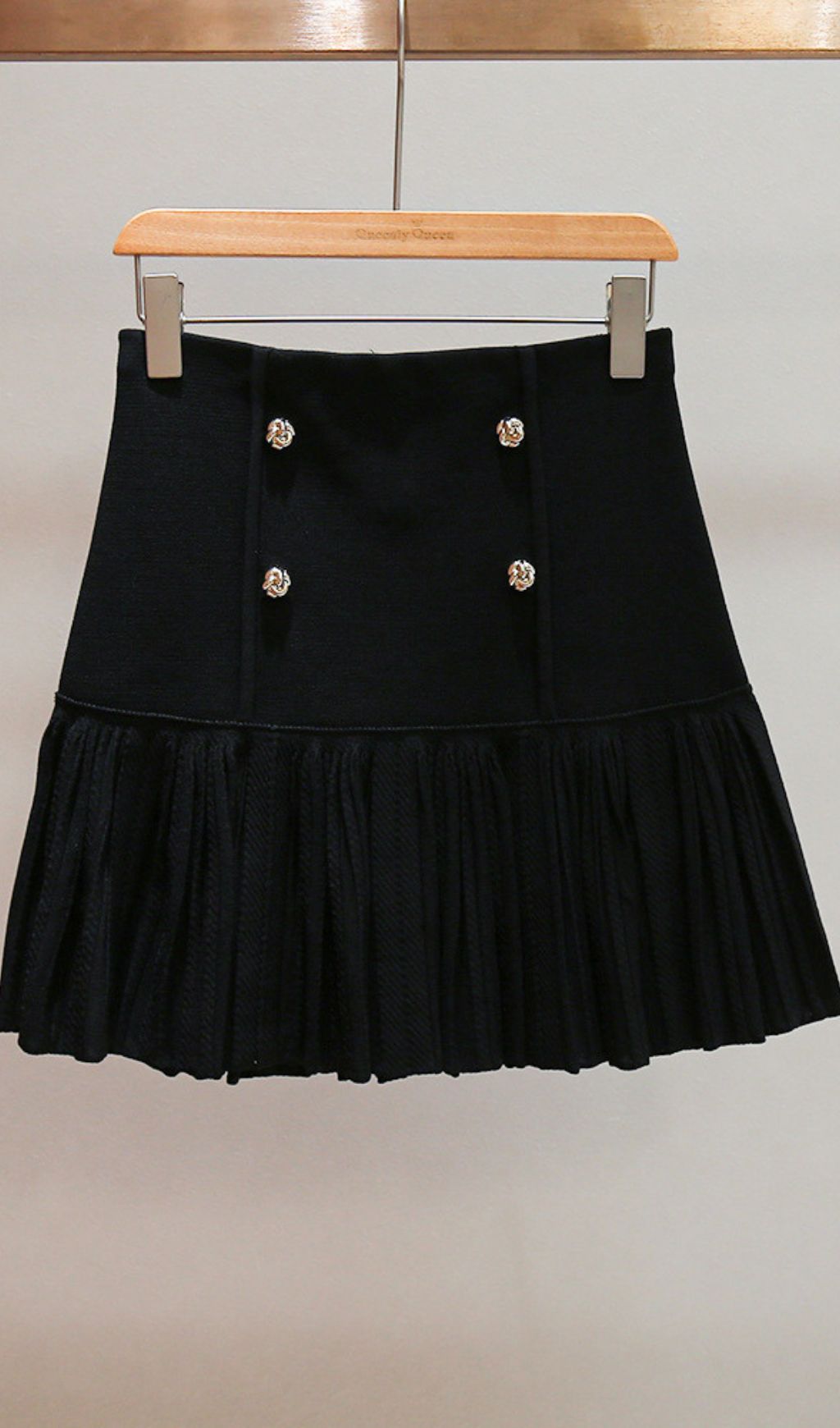 Chic Black Double-Breasted Ruffle Mini Skirt with Gold Buttons