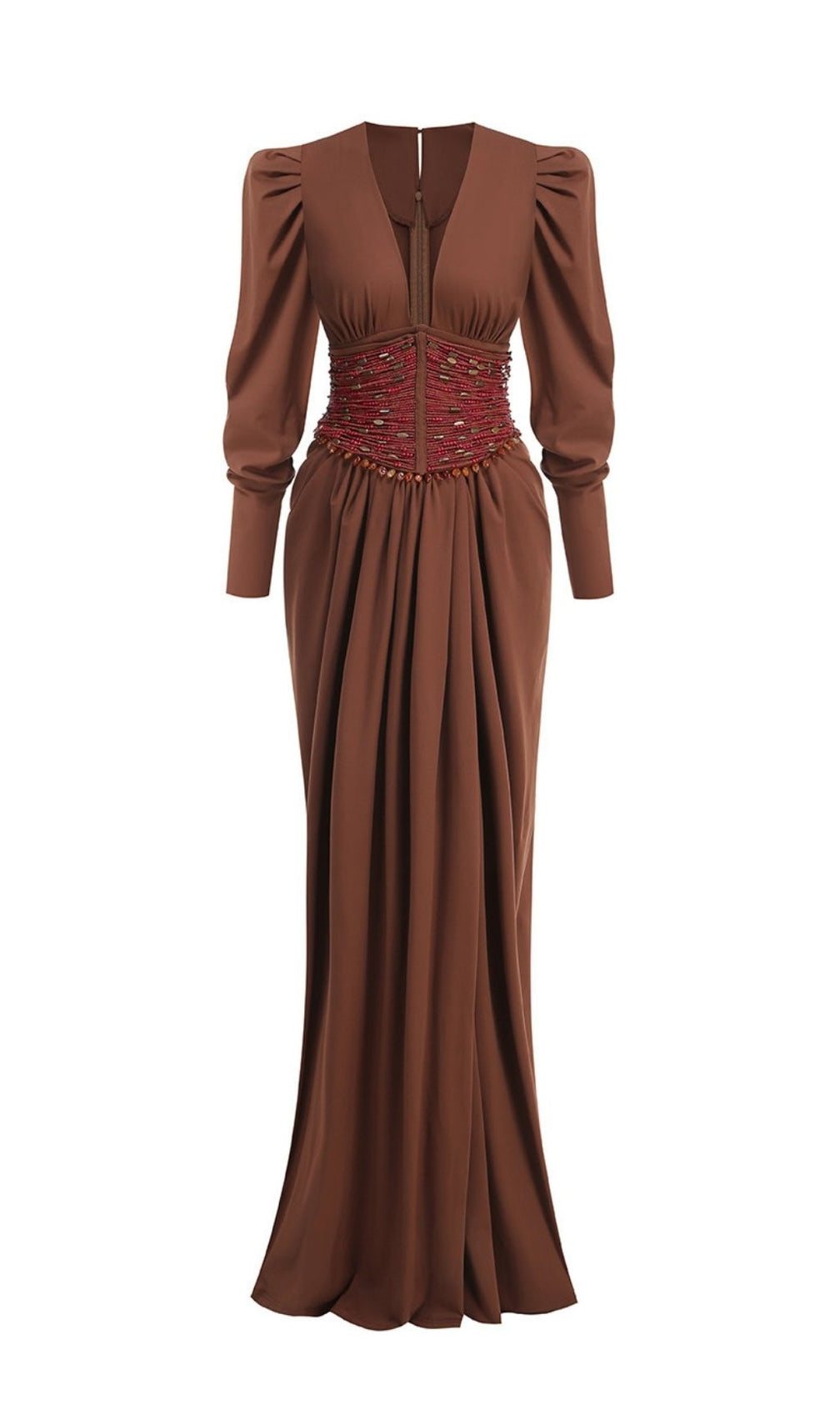 Ciqala V-Neck Maxi Dress: Beaded Corset Waist, Statement Sleeves & High Slit