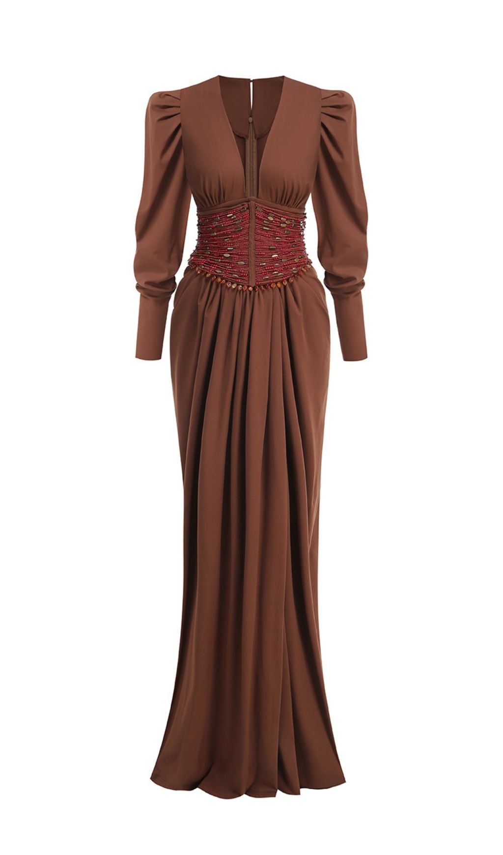 Ciqala V-Neck Maxi Dress: Beaded Corset Waist, Statement Sleeves & High Slit