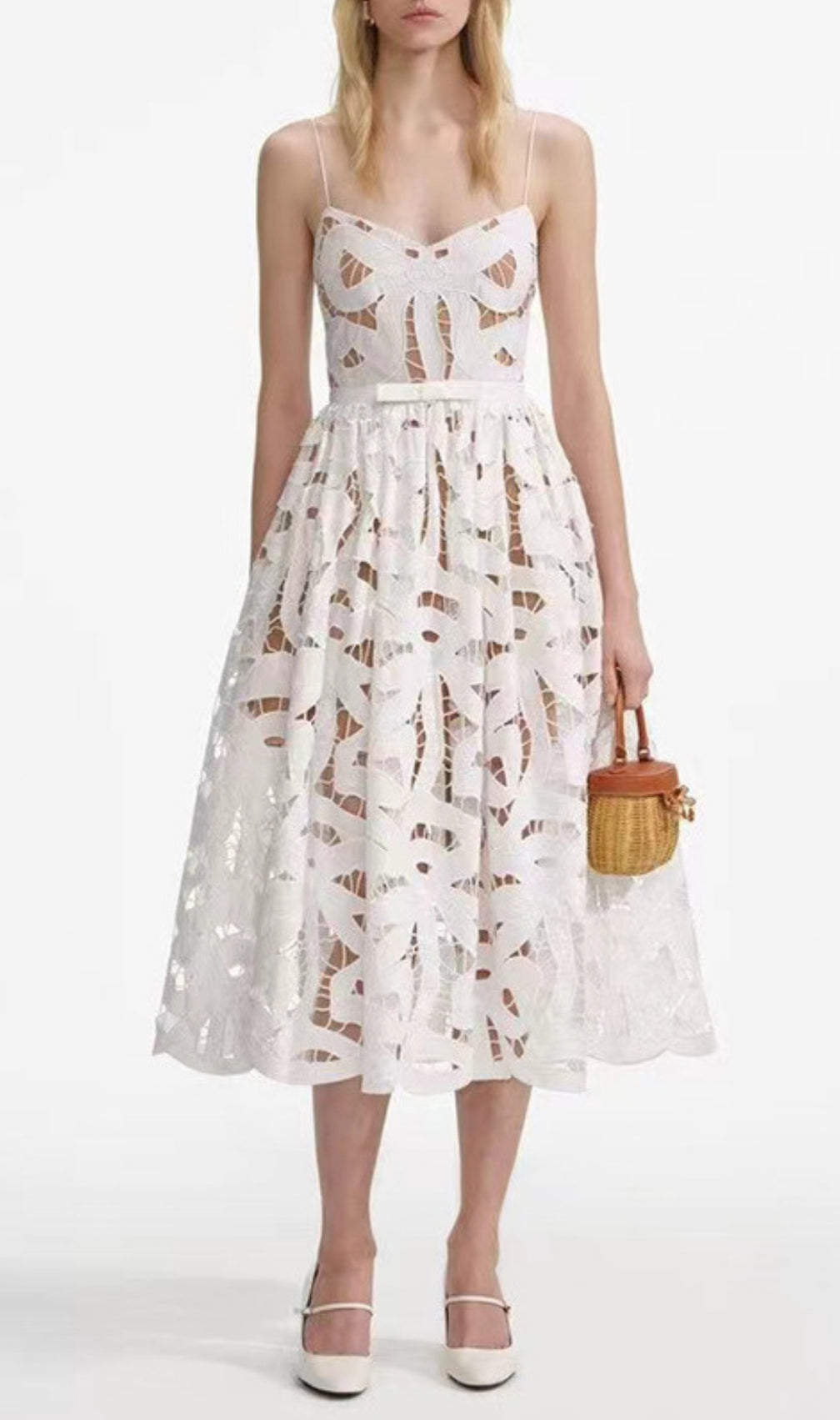 Fay White Strappy Embroidery Midi Dress