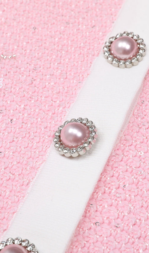 Chic Pink Sequin Knit Cardigan & Midi Skirt Set