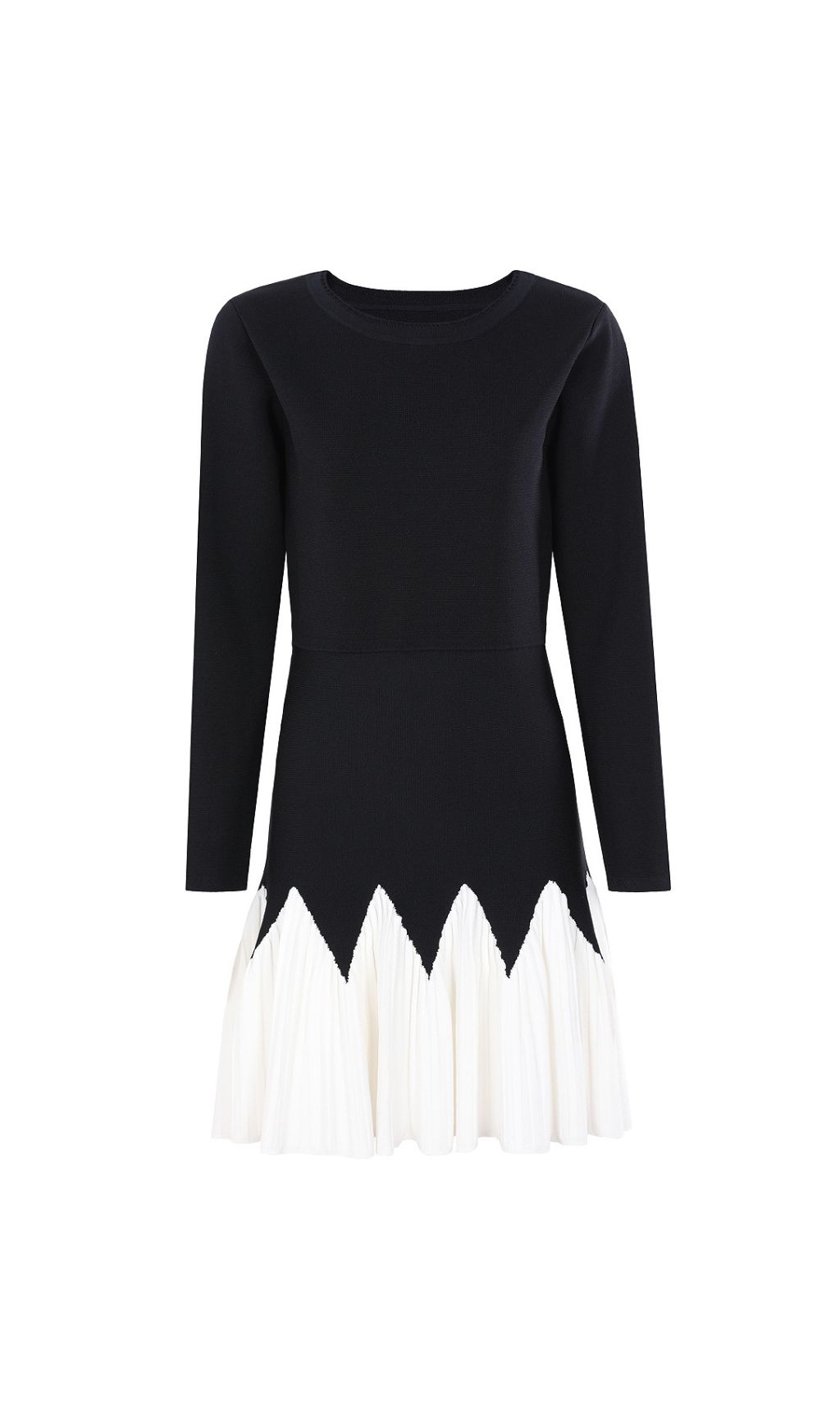 Julinka Chic Two-Tone Knit Pleated Mini Dress | Black & White Scallop Design