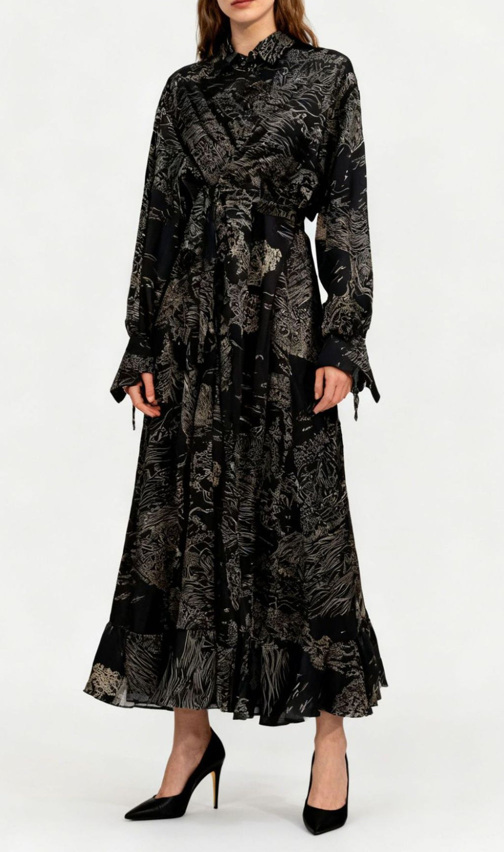 Jung Artistic Print Tie-Waist Long Sleeve Midi Dress