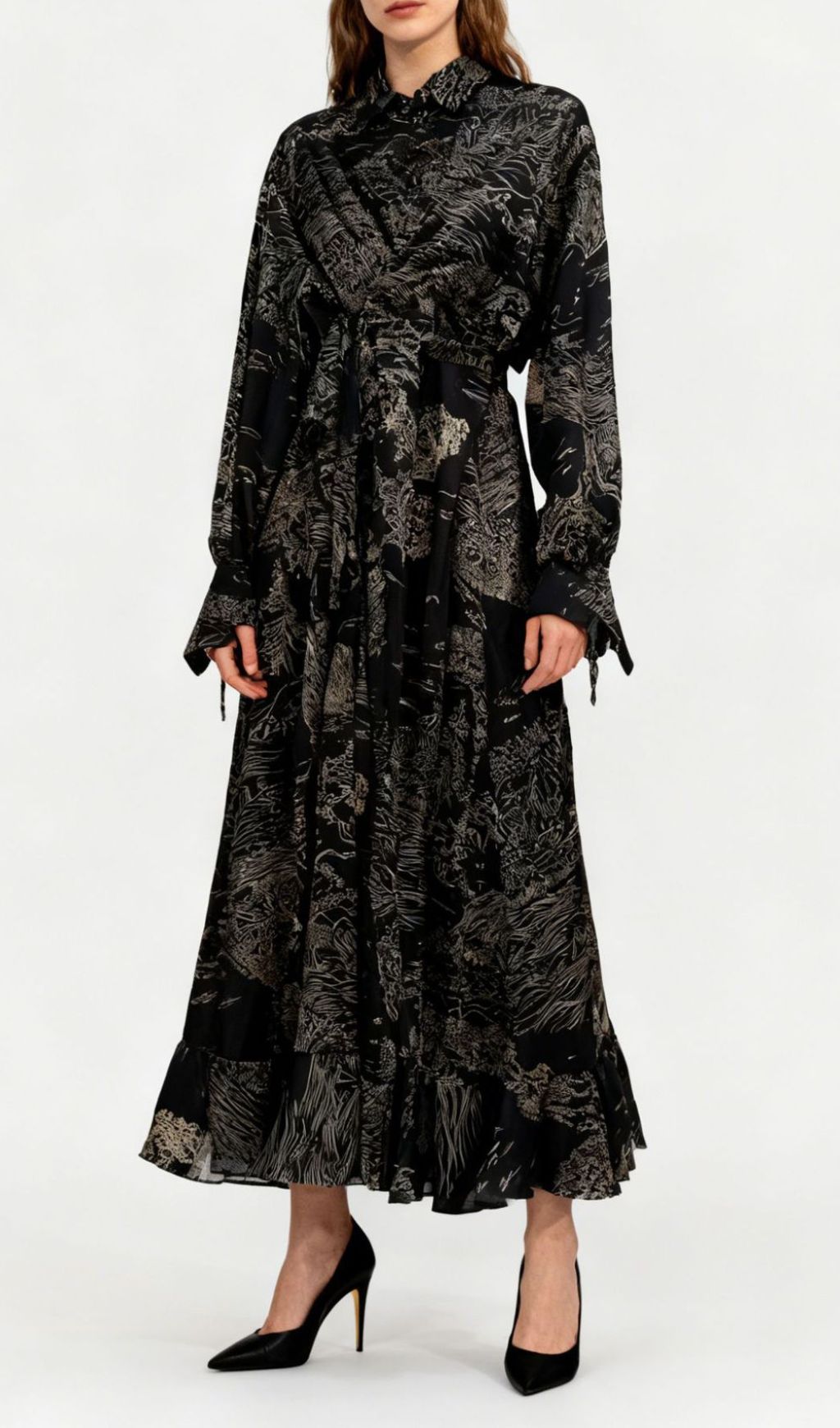 Jung Artistic Print Tie-Waist Long Sleeve Midi Dress