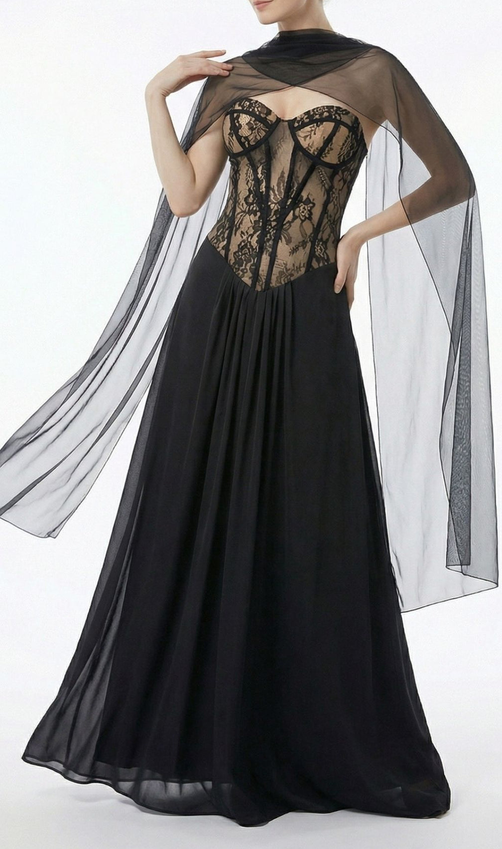 Kalei Black Lace Corset Maxi Dress with Sheer Cape Overlay | Elegant Evening Gown
