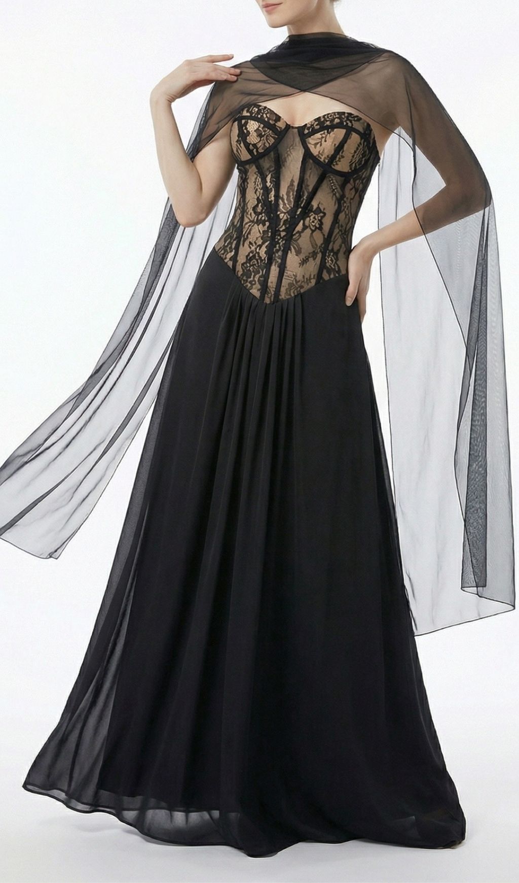 Kalei Black Lace Corset Maxi Dress with Sheer Cape Overlay | Elegant Evening Gown
