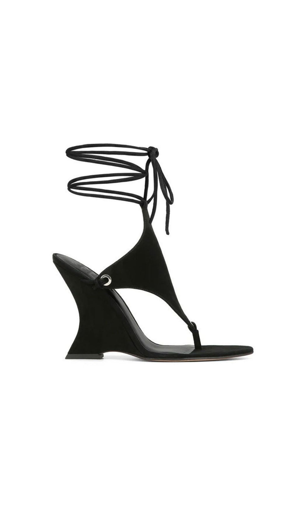 Gavren Black Sculptural Wedge Lace-Up Thong Sandals