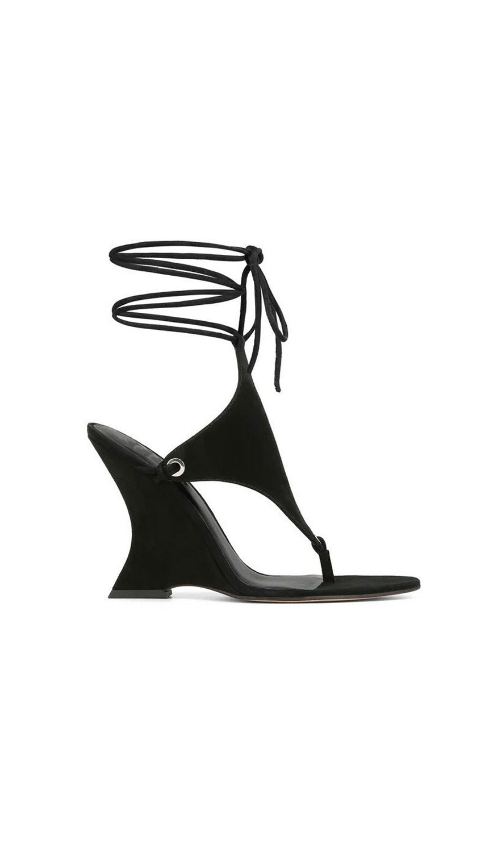 Gavren Black Sculptural Wedge Lace-Up Thong Sandals