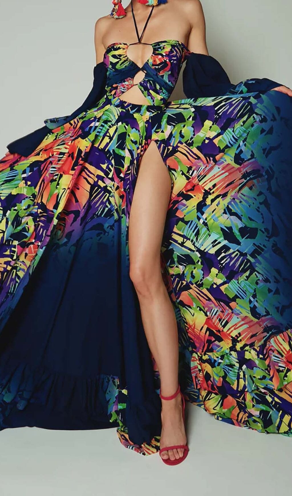 Off Shoulder Flowy Sleeves Maxi Dress In Multi-Color