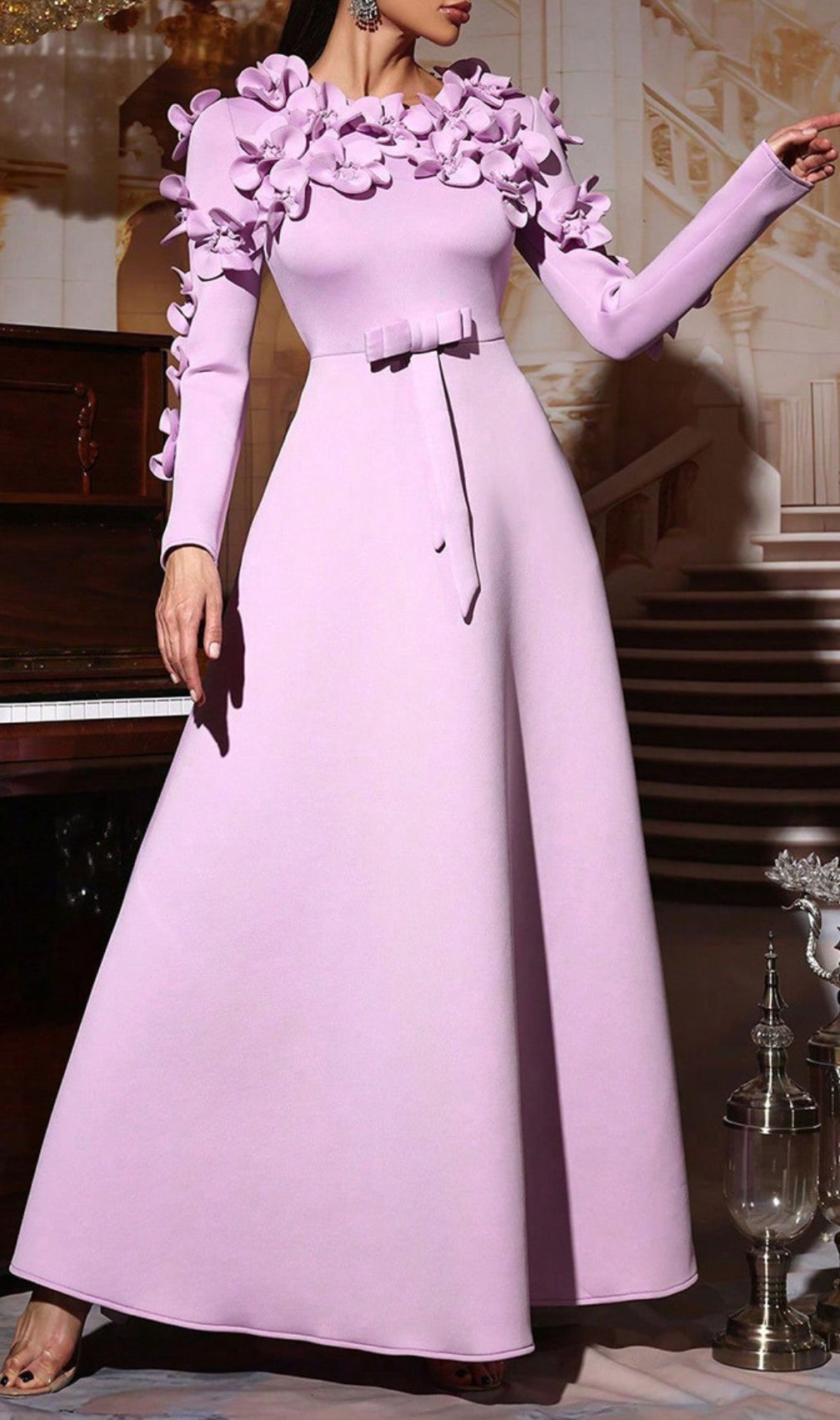Hadia Lilac Floral Embellished Long Sleeve Maxi Dress - Elegant Occasion Gown
