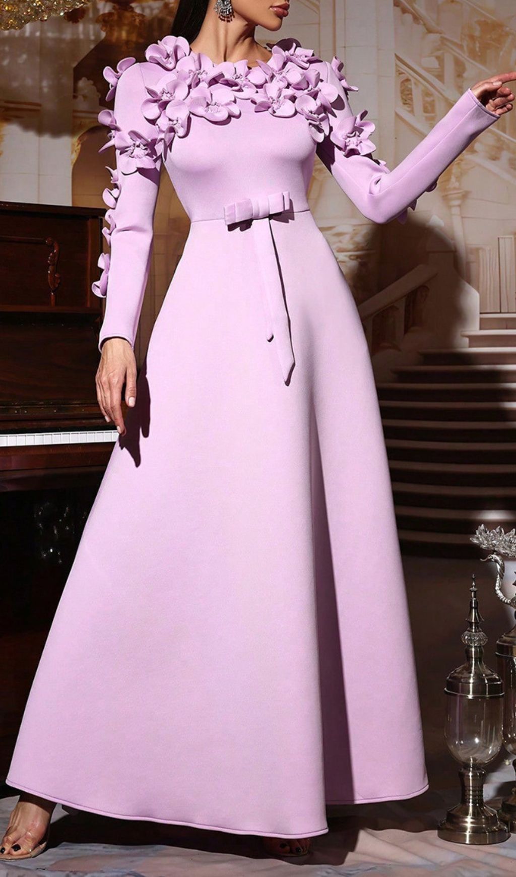 Hadia Lilac Floral Embellished Long Sleeve Maxi Dress - Elegant Occasion Gown