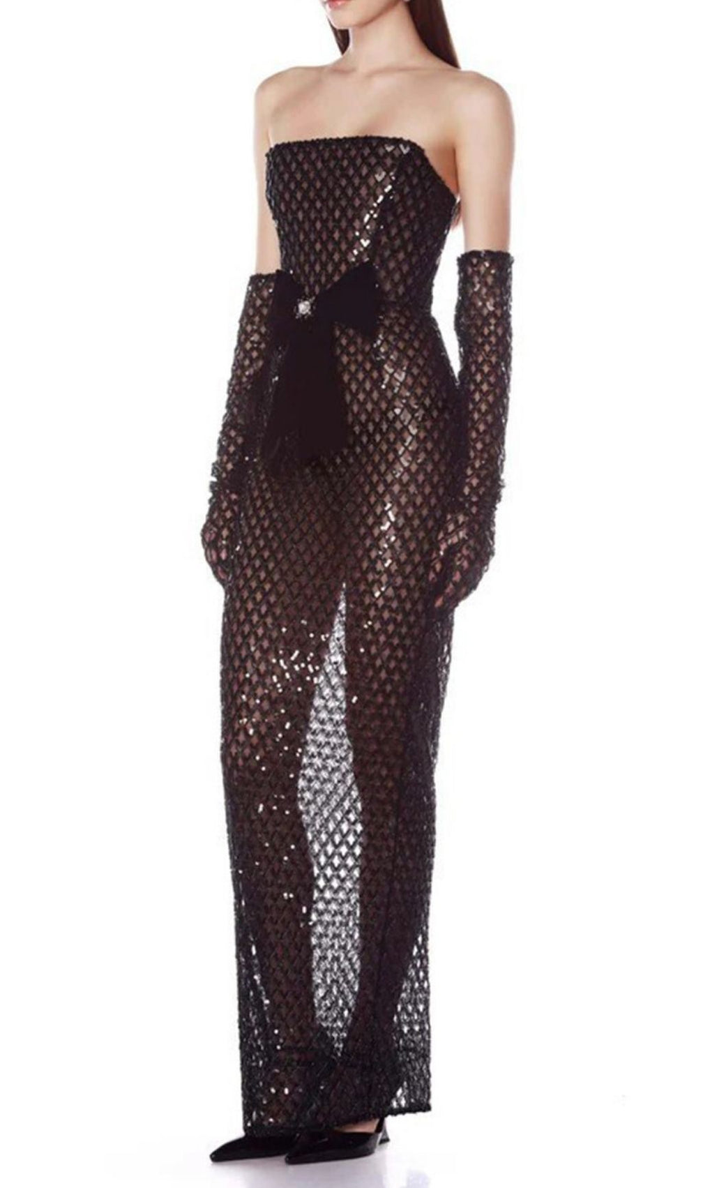 Glamorous Kelda Black Sequin Strapless Maxi Gown with Velvet Bow