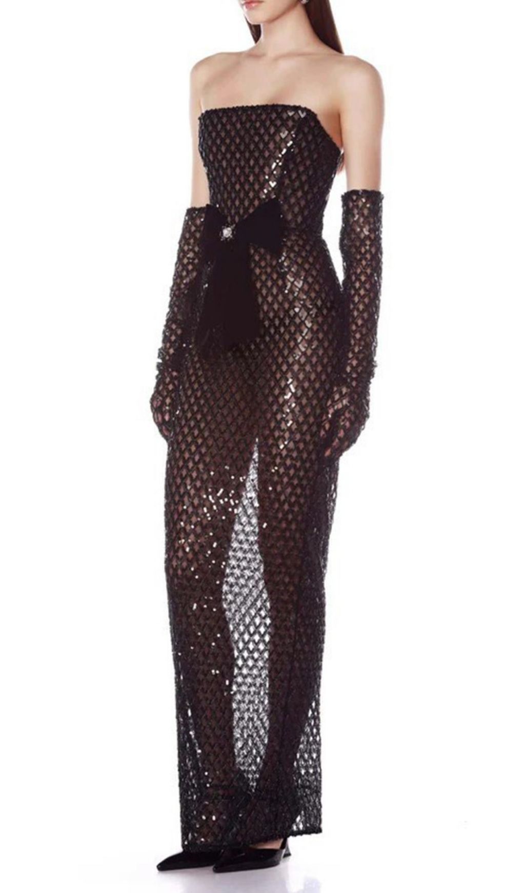 Glamorous Kelda Black Sequin Strapless Maxi Gown with Velvet Bow