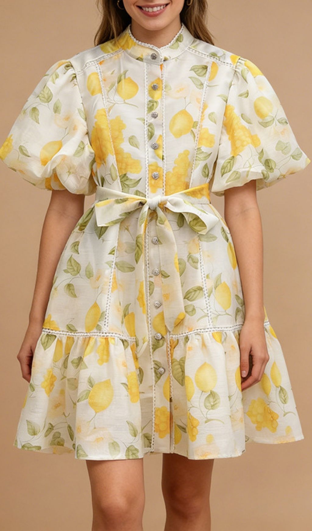 Kathia Yellow Puff Sleeve Floral Mini Dress