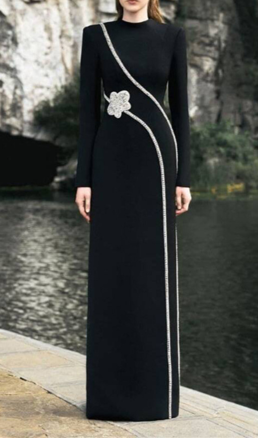 Galatia Black Diamante Long Sleeve Maxi Dress