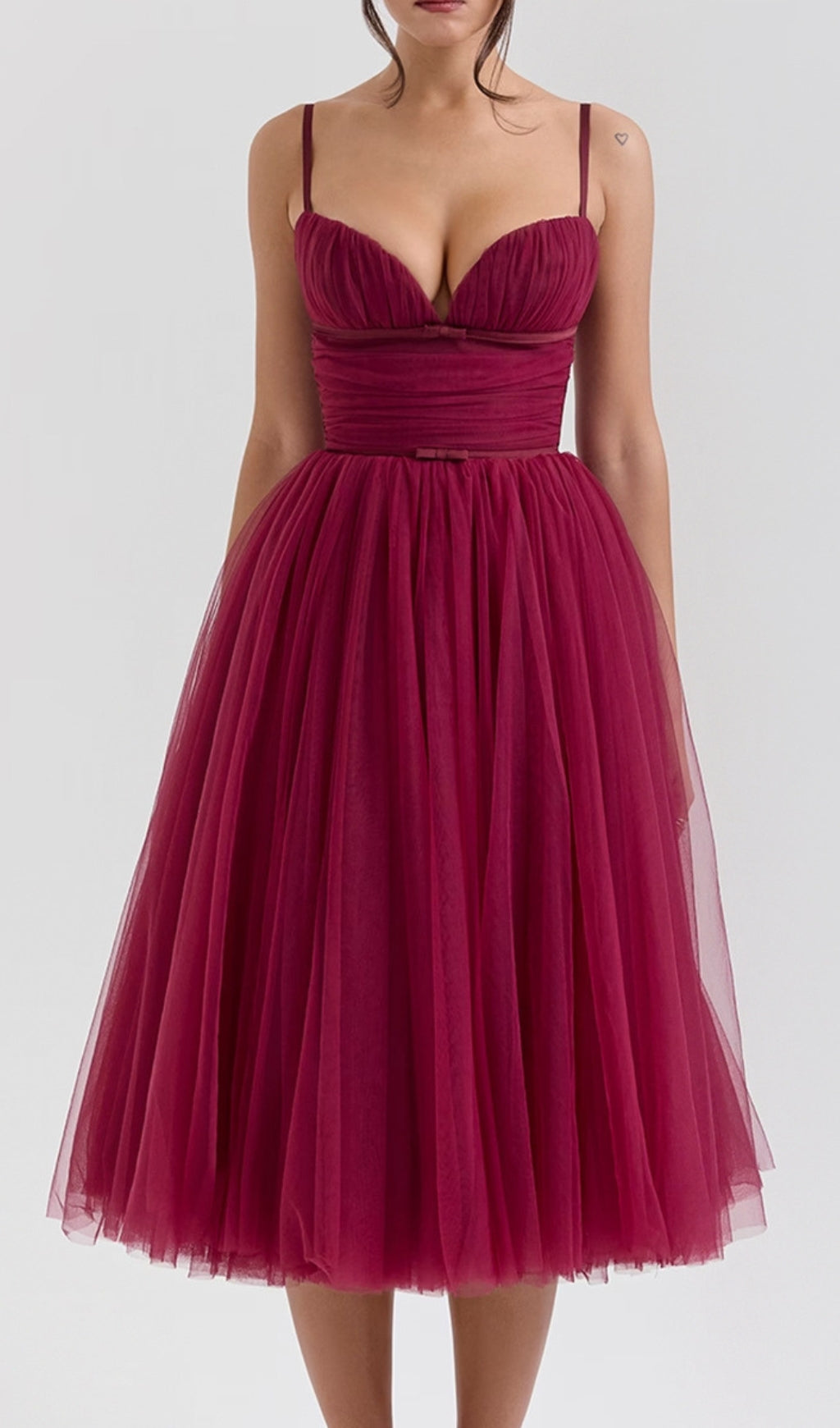 Diellza Wine Mesh Midi Dress