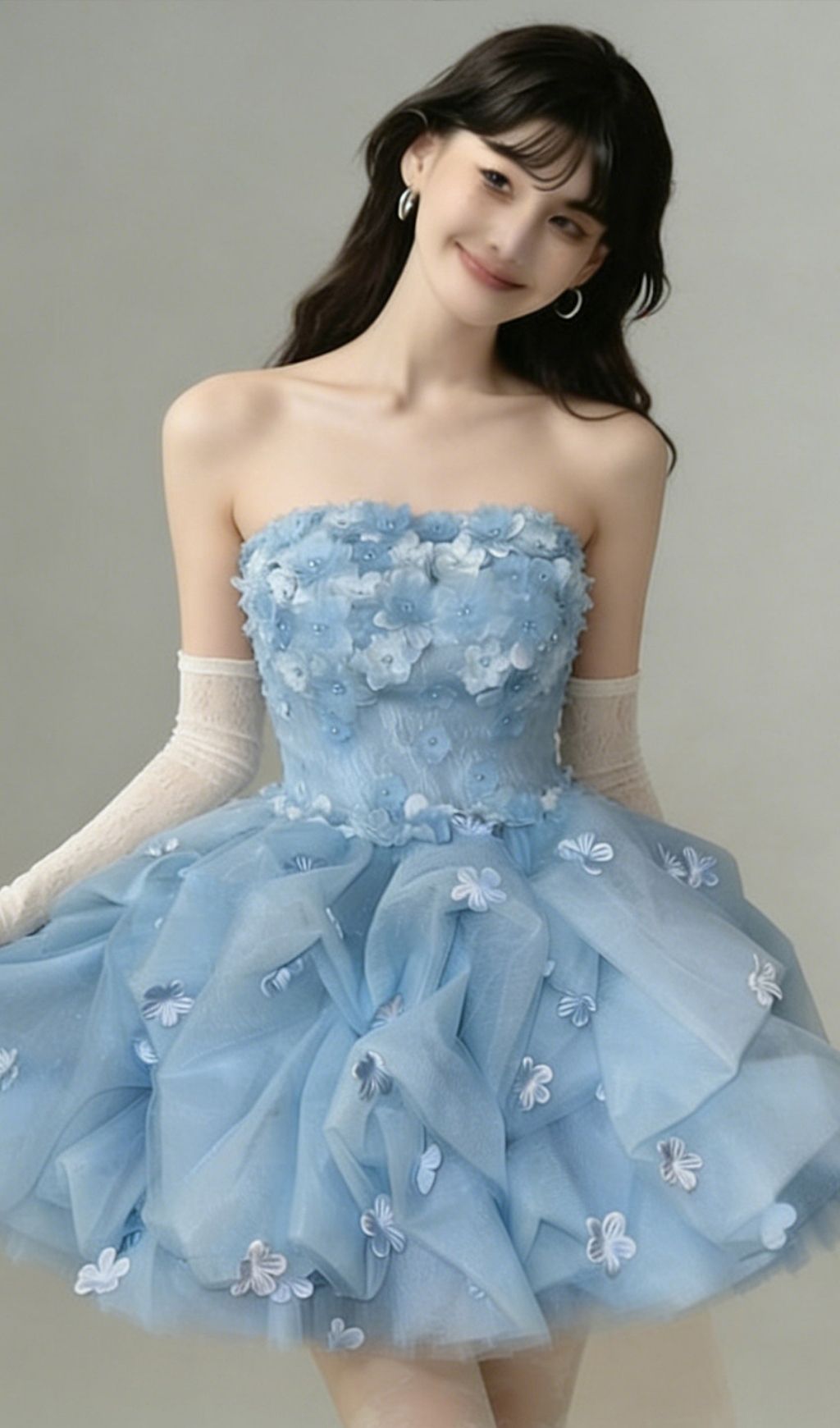 Krista Blue Strapless Flower Mini Dress