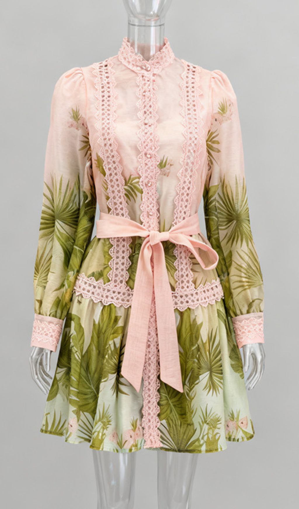 Justina Tropical Charm Mini Dress: Chic Lace & Long Sleeve Style