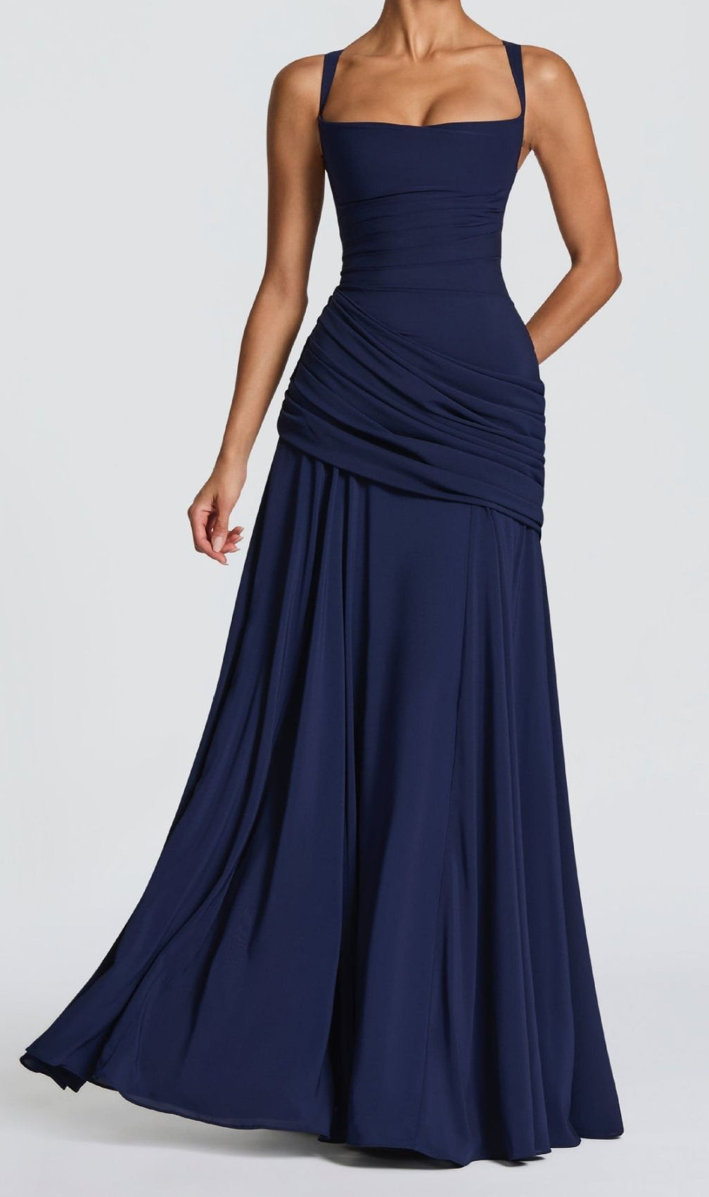Kellie Navy Strappy Ruched Maxi Gown - Elegant & Figure-Flattering Evening Dress